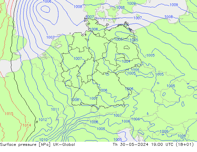 Pressione al suolo UK-Global gio 30.05.2024 19 UTC