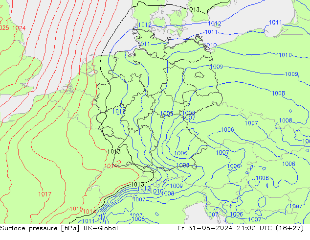 Surface pressure UK-Global Fr 31.05.2024 21 UTC