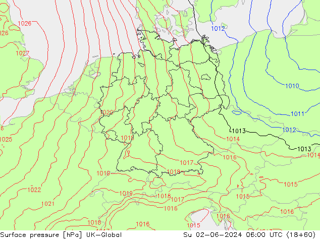 Surface pressure UK-Global Su 02.06.2024 06 UTC