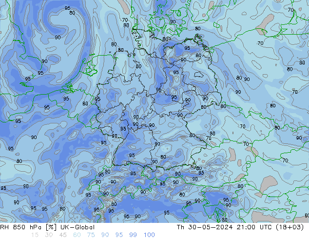 RH 850 hPa UK-Global Th 30.05.2024 21 UTC