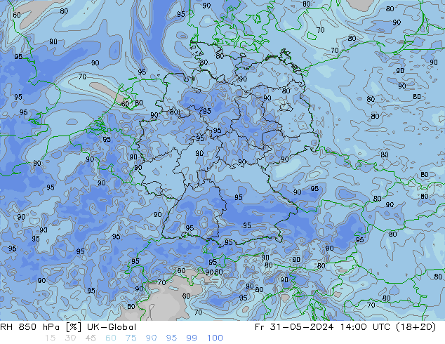 RH 850 hPa UK-Global Fr 31.05.2024 14 UTC