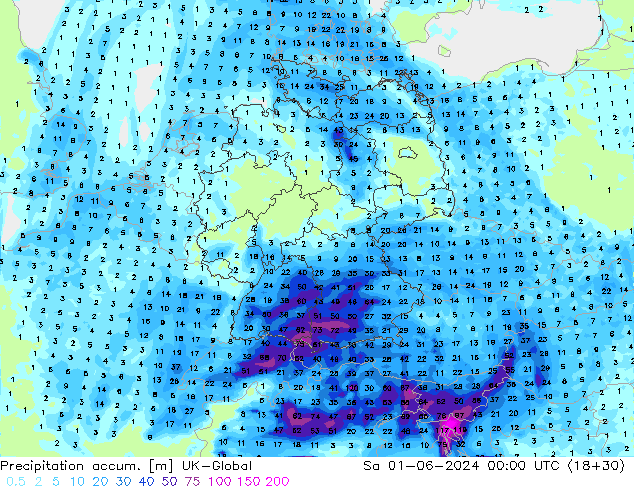 Precipitation accum. UK-Global so. 01.06.2024 00 UTC