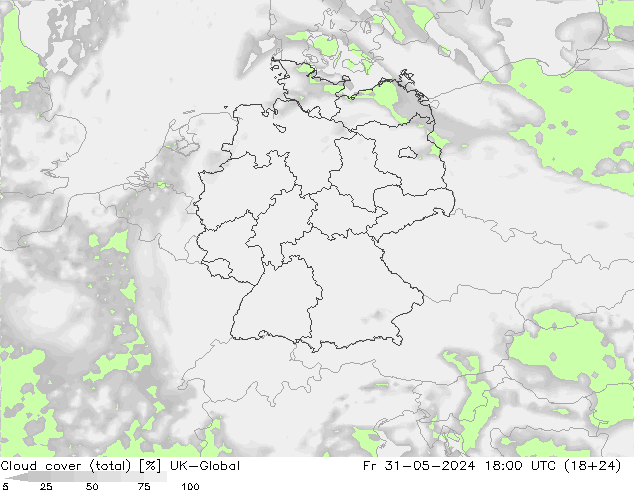 Cloud cover (total) UK-Global Pá 31.05.2024 18 UTC