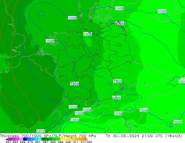 Thck 700-1000 hPa UK-Global czw. 30.05.2024 21 UTC