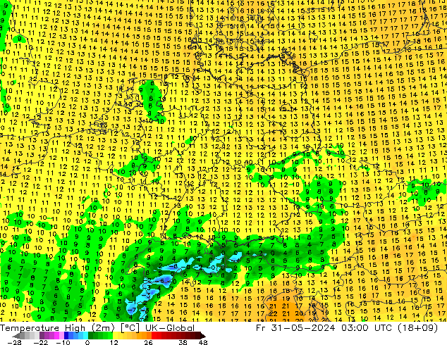 Temperature High (2m) UK-Global Fr 31.05.2024 03 UTC