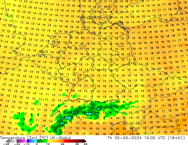 Temperature (2m) UK-Global Čt 30.05.2024 19 UTC