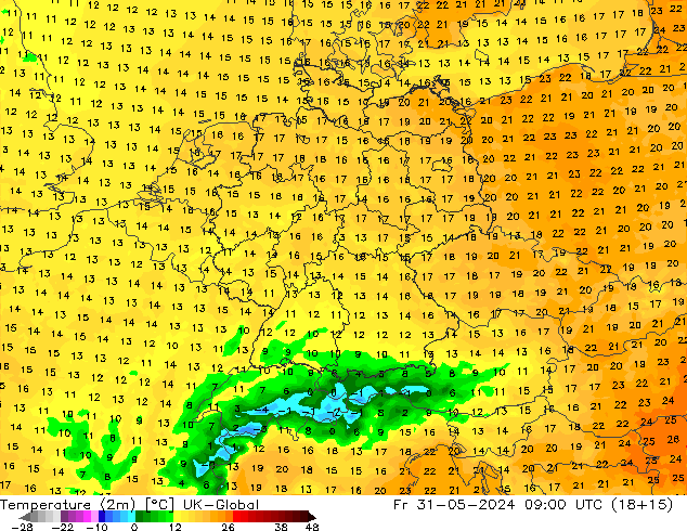 Temperatuurkaart (2m) UK-Global vr 31.05.2024 09 UTC