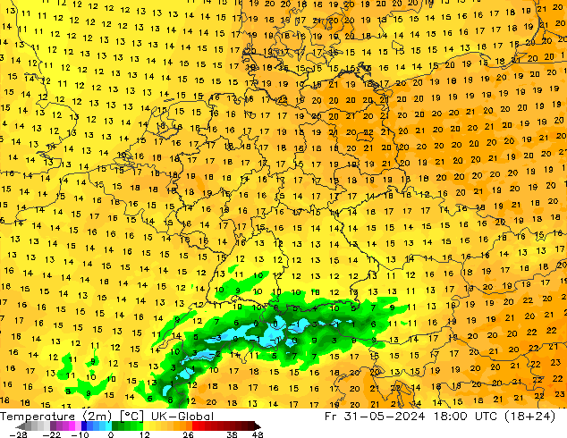 Temperatura (2m) UK-Global ven 31.05.2024 18 UTC