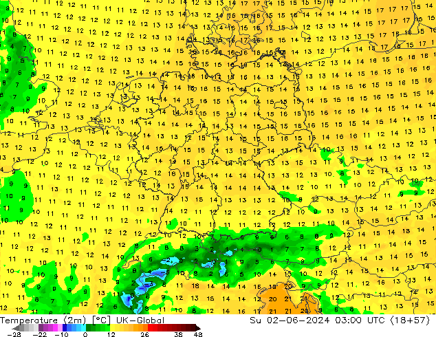 Sıcaklık Haritası (2m) UK-Global Paz 02.06.2024 03 UTC