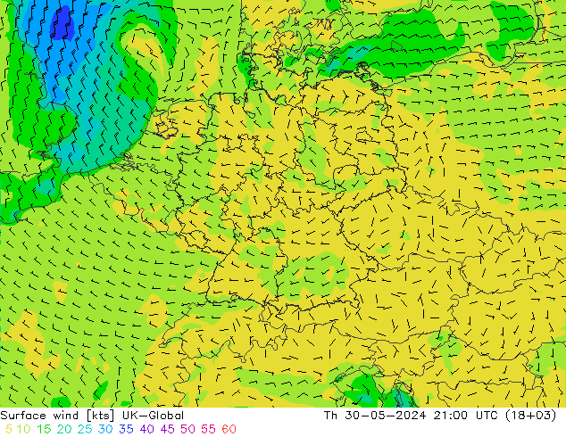 风 10 米 UK-Global 星期四 30.05.2024 21 UTC