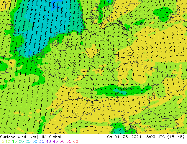 Wind 10 m UK-Global za 01.06.2024 18 UTC