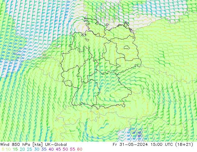 Rüzgar 850 hPa UK-Global Cu 31.05.2024 15 UTC