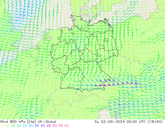 Wind 850 hPa UK-Global Su 02.06.2024 00 UTC