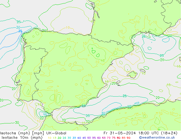 Isotachen (mph) UK-Global Fr 31.05.2024 18 UTC