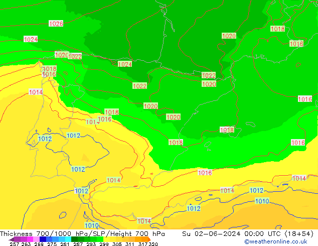 Thck 700-1000 hPa UK-Global dom 02.06.2024 00 UTC