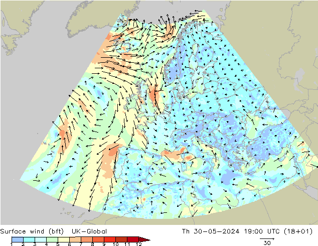 Surface wind (bft) UK-Global Th 30.05.2024 19 UTC