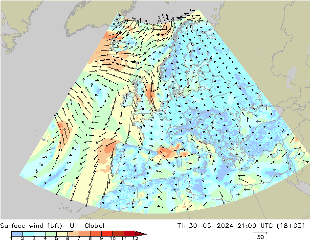 Surface wind (bft) UK-Global Th 30.05.2024 21 UTC