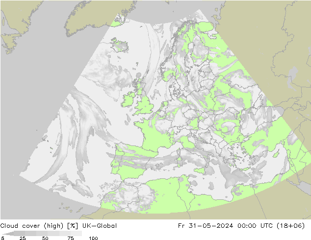 Cloud cover (high) UK-Global Fr 31.05.2024 00 UTC