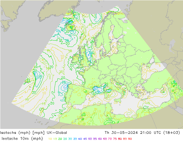 Izotacha (mph) UK-Global czw. 30.05.2024 21 UTC