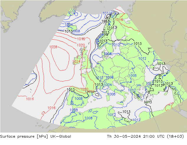 地面气压 UK-Global 星期四 30.05.2024 21 UTC
