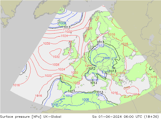 Pressione al suolo UK-Global sab 01.06.2024 06 UTC