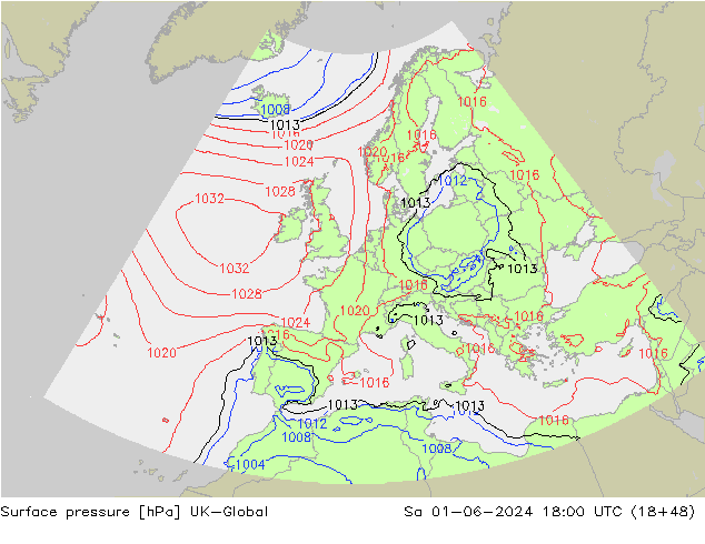 Pressione al suolo UK-Global sab 01.06.2024 18 UTC