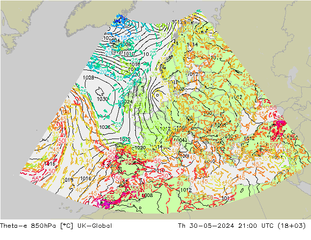 Theta-e 850hPa UK-Global Do 30.05.2024 21 UTC