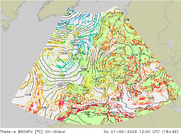 Theta-e 850hPa UK-Global Sa 01.06.2024 12 UTC