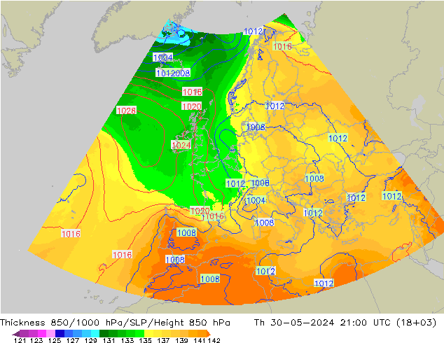 Thck 850-1000 hPa UK-Global czw. 30.05.2024 21 UTC