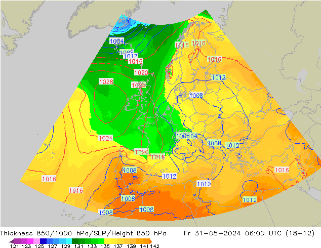 Thck 850-1000 hPa UK-Global  31.05.2024 06 UTC