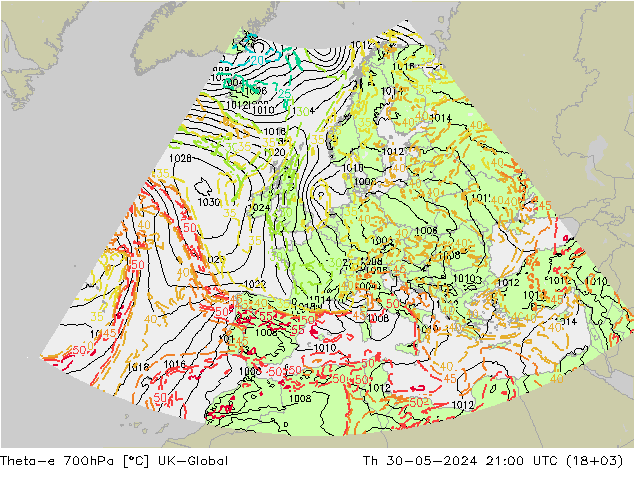 Theta-e 700hPa UK-Global jue 30.05.2024 21 UTC