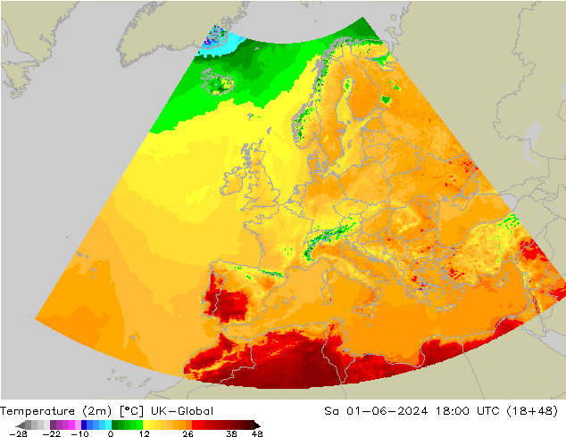 Temperature (2m) UK-Global So 01.06.2024 18 UTC