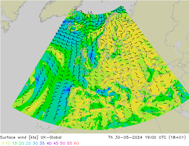 Surface wind UK-Global Th 30.05.2024 19 UTC