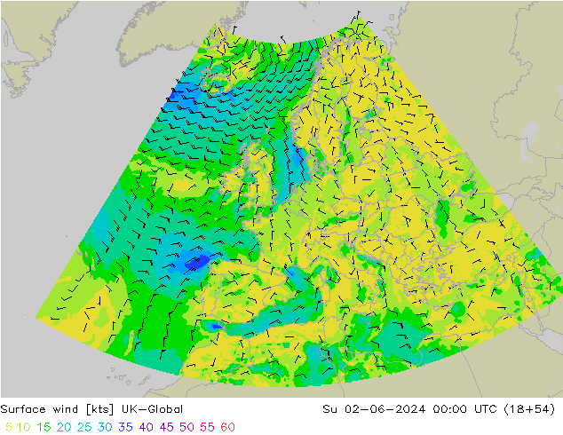 Surface wind UK-Global Ne 02.06.2024 00 UTC