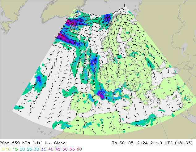 Wind 850 hPa UK-Global Th 30.05.2024 21 UTC