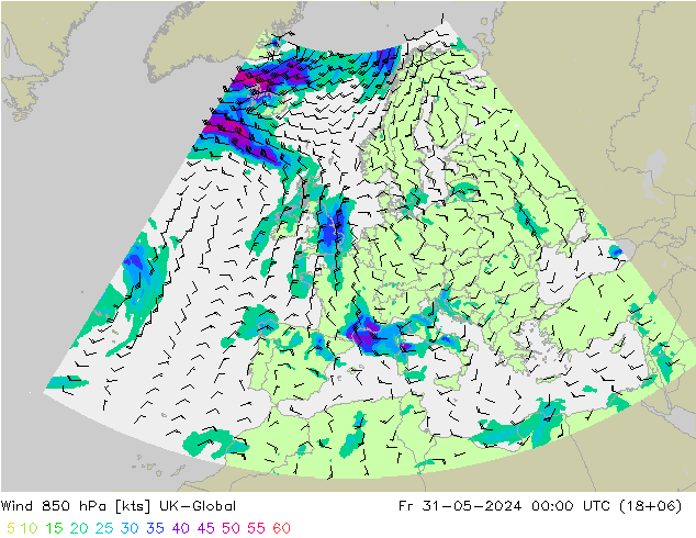 Wind 850 hPa UK-Global Fr 31.05.2024 00 UTC