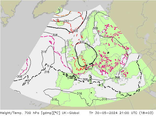 Height/Temp. 700 гПа UK-Global чт 30.05.2024 21 UTC