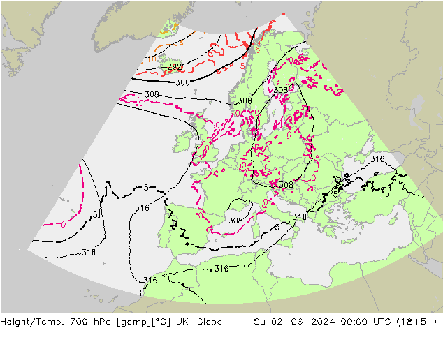Height/Temp. 700 hPa UK-Global Ne 02.06.2024 00 UTC