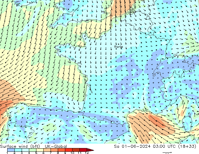 Surface wind (bft) UK-Global Sa 01.06.2024 03 UTC