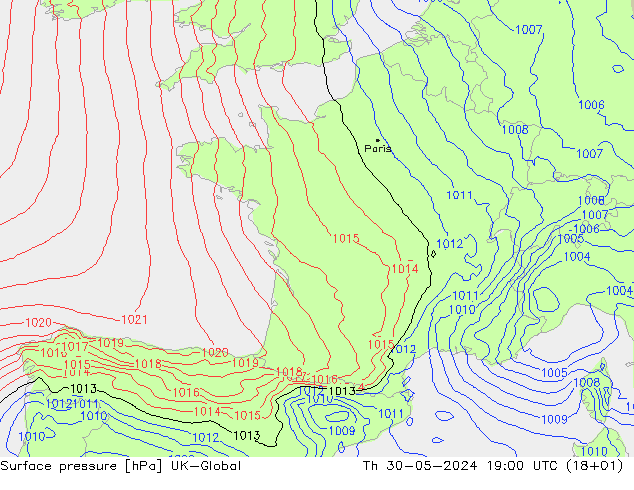 Surface pressure UK-Global Th 30.05.2024 19 UTC