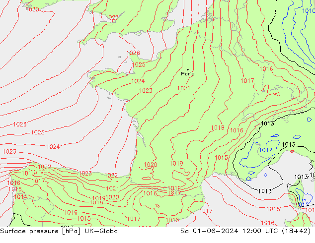 Presión superficial UK-Global sáb 01.06.2024 12 UTC