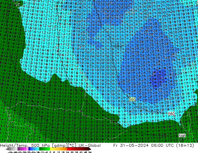 Height/Temp. 500 hPa UK-Global pt. 31.05.2024 06 UTC