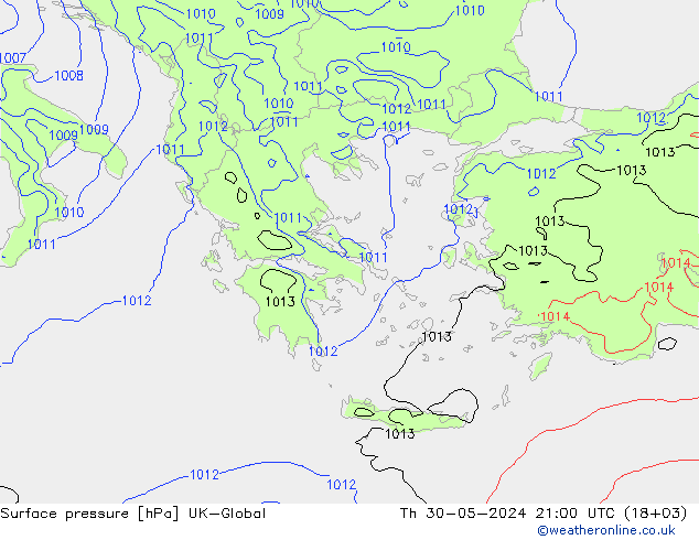 Surface pressure UK-Global Th 30.05.2024 21 UTC