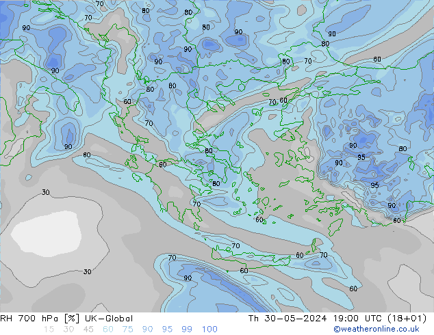 RH 700 hPa UK-Global gio 30.05.2024 19 UTC