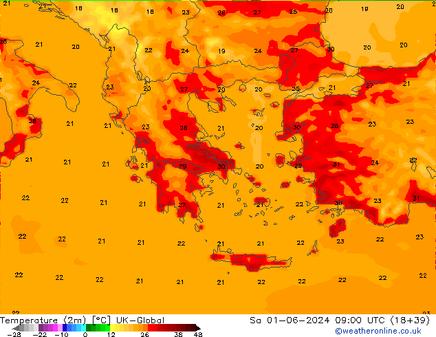 Temperatuurkaart (2m) UK-Global za 01.06.2024 09 UTC
