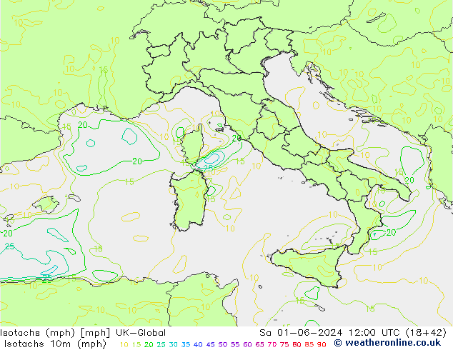 Isotachs (mph) UK-Global sab 01.06.2024 12 UTC