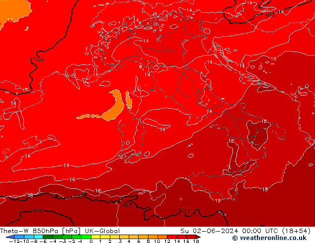 Theta-W 850гПа UK-Global Вс 02.06.2024 00 UTC