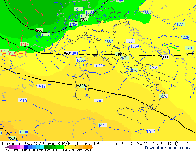 Espesor 500-1000 hPa UK-Global jue 30.05.2024 21 UTC