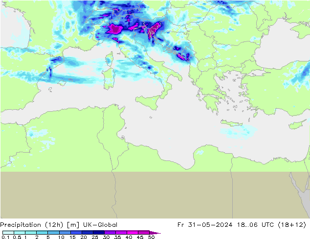 Precipitation (12h) UK-Global Pá 31.05.2024 06 UTC