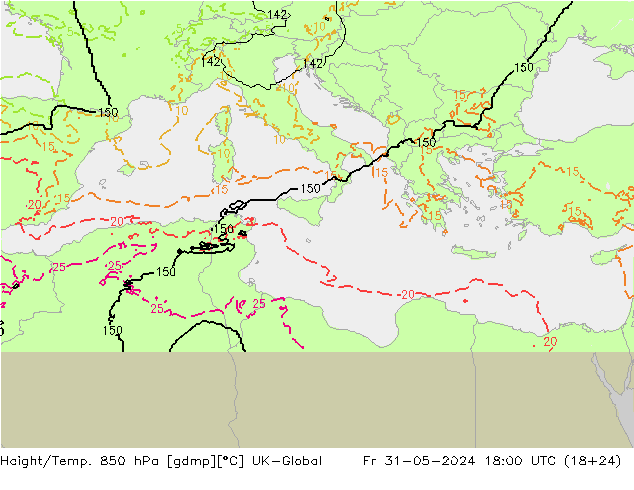 Height/Temp. 850 hPa UK-Global Fr 31.05.2024 18 UTC